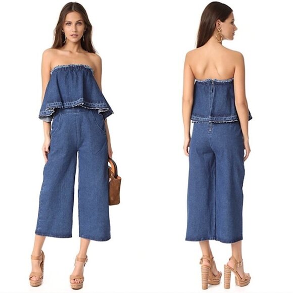 JOA LA Wide Leg Cropped Strapless Denim Jumpsuit - Picture 1 of 9